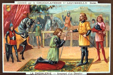 Rytíři - Pasování rytíře, středověk. 19. století. Barevná litografie. Soukromá sbírka