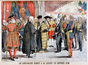 Starosta Londýna dává panu Loubetovi zlatou skříňku z roku 1903