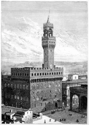 Piazza della Signoria, Palazzo Vecchio, Florencie, Itálie, 1882