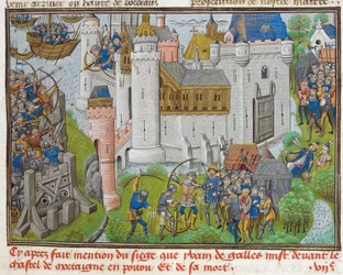 Obléhání hradu Mortagne, poblíž Bordeaux, v roce 1377 aus Recueil des croniques dEngleterre