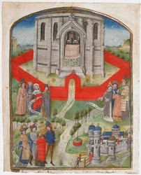 Chrám v Jeruzalémě, z doslovného komentáře Postilla Litteralis..., 1450-75.