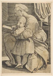 Panna čtoucí s nemluvnětem Kristem, žena sedící z profilu tváří vlevo a..., ca. 1515-1600.
