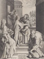 Navštívení, Panna a svatá Alžběta objímající se uprostřed, lemované dalšími f..., 1589.
