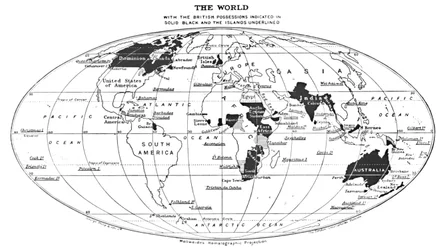 Svět s britskými državami označenými plnou černou a podtrženými ostrovy, 1924