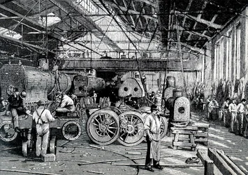 Montážní dílna Baldwin Locomotive Works.