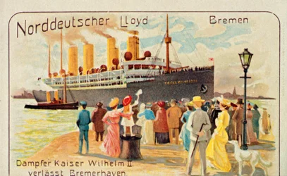Obří SS Kaiser Wilhelm II odjíždí z nábřeží v Bremerhaven, Německo, 1905.