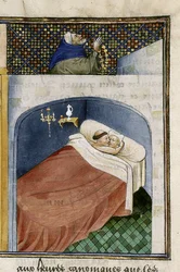 Mnich spí s manželkou, zatímco manžel se modlí, 1460s.