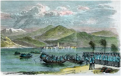 Válka, Rakušané překračující Lago Maggiore, Itálie, c1875