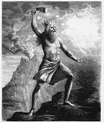 Thor, bůh hromu ve skandinávském panteonu, třímající své kladivo, 1874