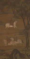 Tři jezdci na koni pod vrbami, 15. století.