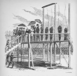 Tři muži a žena oběšení za atentát na Lincolna, kolem roku 1865, 1938