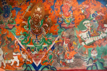 tibetský buddhismus; stará nástěnná malba v montážní hale; démon bojující s luky a šípy; klášter Trakthok Gompa; Sakti poblíž Leh; okres Ladakh; Džammú a Kašmír; Indie; Jížní Asie; Asie