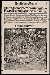 Titulní strana knihy Ship of Fools od Sebastiana Branta, 1497.