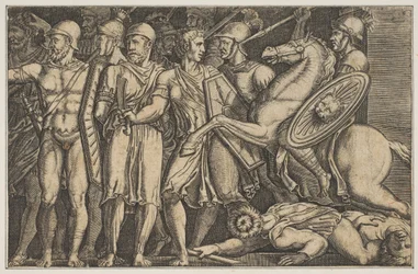 Trajan bojující s Dáky, Trajan na koni vpravo jedoucí ke skupině ..., ca. 1515-1600.