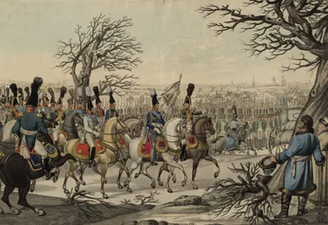 Car Alexander I a král Frederick William III před vojsky, cca 1813