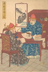 Dva čínští učenci procvičující kaligrafii ve svém studiu, ca. 1840,