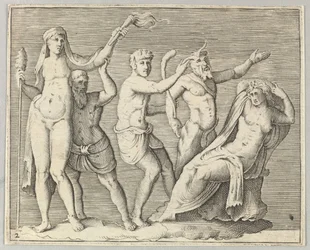 Dvě postavy, Faun a Satyr se blíží k ležící ženě, publikované ca. 1599-1622.