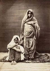 Dvě indické ženy, jeden sedící, 1860.