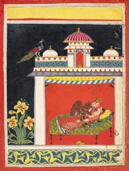 Dva milenci v pavilonu, z Amarushataka Sto básní Amaru..., ca. 1680.