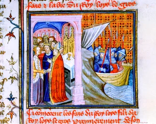 Dvě scény z Chronique de St Denis, konec 14. století