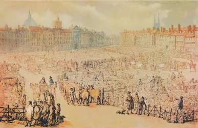 Pohled na Smithfield Market, Londýn, 1810