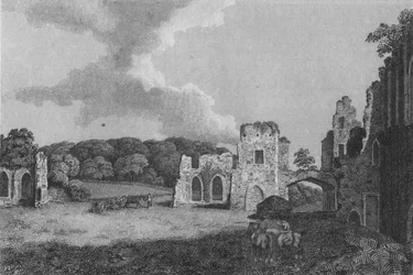 Pohled na část ruin opatství St. Agatha: poblíž Eastby, Yorkshire, 1791