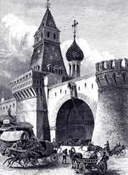 Pohled na Nikolskou věž a zbrojnici v Moskvě, cca 1860