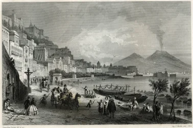 Pohled na přístav a město Neapol v 19. století, v knize o Středomoří od Louise Enaulta (1824-1900), francouzského novináře a cestovatele.