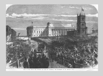 Návštěva prince a princezny z Walesu v Liverpoolu. Průvod do St. Georges Hall, 1865
