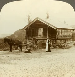 Čekání na cestující na silnici poblíž Bolkesjo, Norsko, c1905.