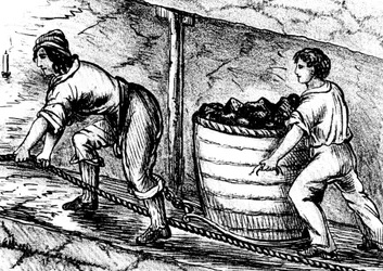 Žena a chlapec pracující v uhelném dole, Bolton, Lancashire, 1848