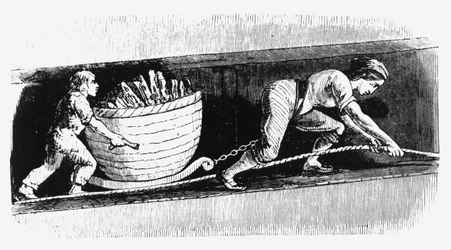 Žena a chlapec kreslící zátoku obsahující 3-4 Cwt uhlí, Bolton, Lancashire, 1848