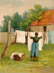 Žena věší prádlo, konec 19.-začátek 20. století