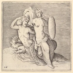 Žena se štítem sedící na Seamonster, publikoval ca. 1599-1622.