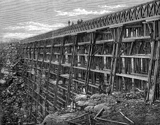 Dřevěný kozlíkový most na Union Pacific Railroad, Dale Creek, Wyoming, USA, 1869