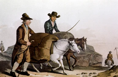 Obchodník s vlnou odvážející „kousky“ látky do Sukiennice v Leedsu na prodej, 1814
