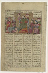Zal doručí Samův dopis Manuchihrovi, Folio ze Shahnama Book of Kings..., ca. 1330-40.