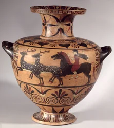 Hydria, lovecká scéna, archaická řečtina, černé figurální etrusko-jónské období, cca 540-530 př.nl (keramika)