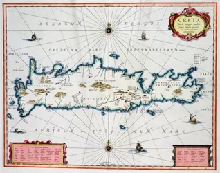 Mapa zobrazující ostrov Kréta, kolem roku 1570, od Abrahama Ortelia (1527-98)