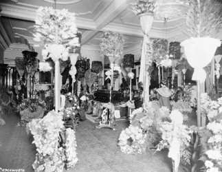 Rakev královny Liliuokalani v trůnním sále v Iolani Palace, Honolulu, 1917