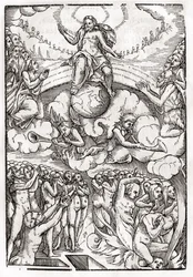 Poslední soud podle dřevorytu Hanse Holbeina (149798-1543) mladšího z „Der Todten Tanz“, vydaného v Basileji, 1843