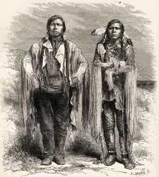 Dva indiáni kmene Ute, ilustrace z knihy "Svět v rukou", vyryl Charles Laplante (zemř. 1903), vydáno 1878