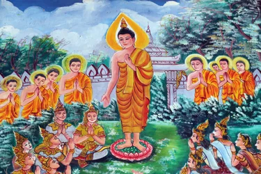 20151029, Vientiane, Laos: buddhistický chrám Wat Inpeng. Obraz zobrazující životní příběh Buddhy Šákjamuniho