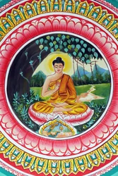 20151029, Vientiane, Laos: buddhistický chrám Wat Inpeng. Obraz zobrazující životní příběh Buddhy Šákjamuniho. Učící Buddha zobrazuje konkrétní okamžik v životě Buddhy, konkrétně první kázání, které Buddha pronesl po dosažení osvícení.