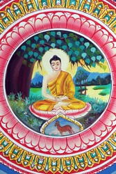 20151029, Vientiane, Laos: buddhistický chrám Wat Inpeng. Obraz zobrazující životní příběh Buddhy Šákjamuniho. Buddha sedí v meditační pozici