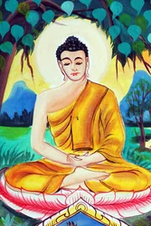 20151029, Vientiane, Laos: buddhistický chrám Wat Inpeng. Obraz zobrazující životní příběh Buddhy Šákjamuniho. Buddha sedí v meditační pozici