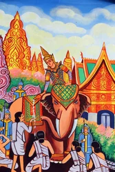20151029, Vientiane, Laos: buddhistický chrám Wat Si Muang (Simuong). Obraz zobrazující životní příběh Buddhy Šákjamuniho