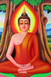 20151030, Vientiane, Laos: buddhistický chrám Wat Si Muang (Simuong). Obraz zobrazující životní příběh Buddhy Šákjamuniho. Buddha sedí v meditační pozici pod stromem Bodhi