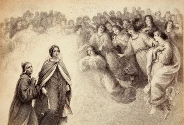 Zástup stínů se blíží k Dantovi a Beatrici. Ilustrace k V. zpěvu Ráje z Božské komedie Danteho Alighieriho. Dílo Francesca Scaramuzzy věnované městu Florencii.