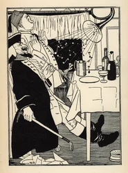 Trubka, která zamrzla, sama o sobě vydává zvuky, když se zahřeje, baví a žasne všech Ilustrace Williama Stranga (1859-1921) a JB Clarka z „Dobrodružství barona z Munchausenu (Munchhausen) od Rudolfa Ericha Raspe (1736-